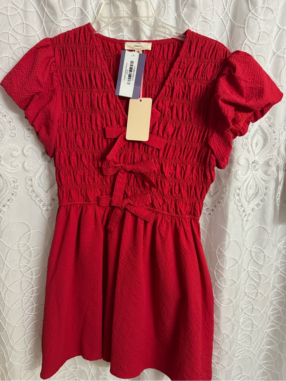 Red Smocked Tie-Front ladies dress